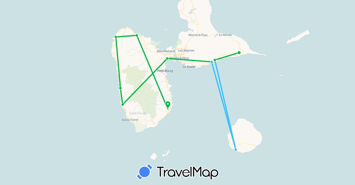 TravelMap itinerary: driving, bus, boat in Guadeloupe (North America)